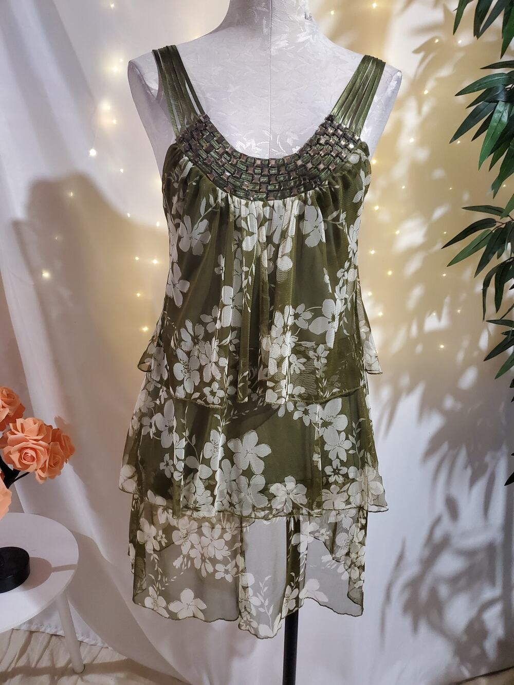 Kitty Vtg 90s Y2K Tiered Mesh Rhinestone Floral Mini Dress Size M Fairycore